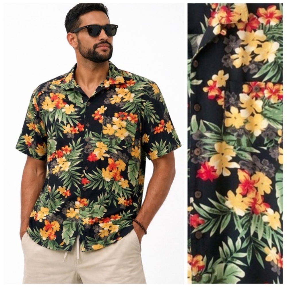Vintage Black Hawaiian Tropical Floral Rayon Shirt Y2K Resort Vaca Size XL